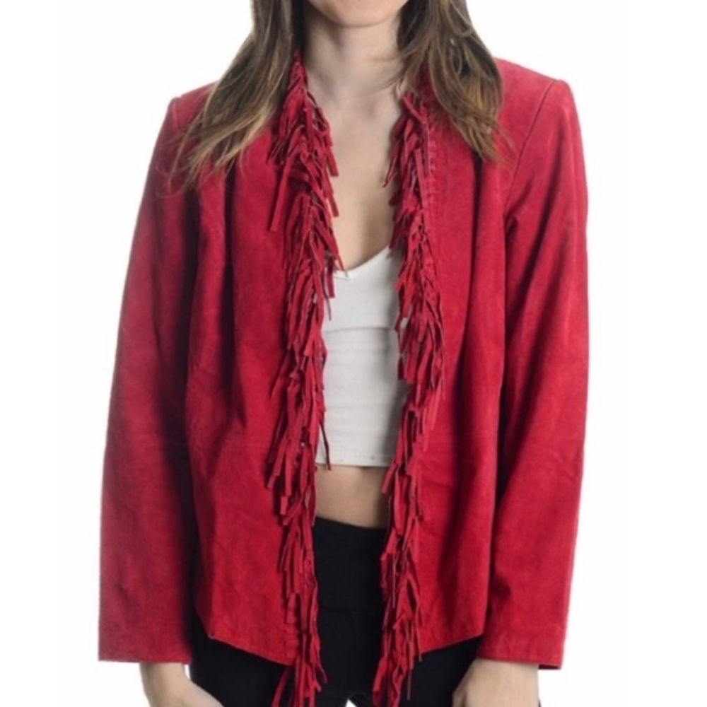 New Dialogue Red Fringe Genuine 100% Leather Suede Western Jacket Rodeo Festival